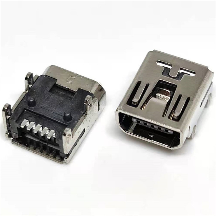 MINI USB 5PIN板上型母座 四脚插板 有柱 180度贴板SMT 长L=9.2MM