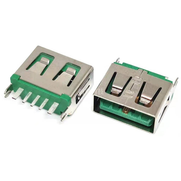 USB 2.0 5PIN 180度插板DIP母座 大电流 鱼叉脚 高H=10.0MM 绿胶
