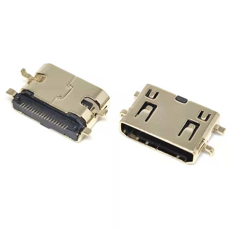 MINI HDMI 19PIN沉板0.8MM母座 前插后贴SMT 有柱 长L=7.5MM 镀金