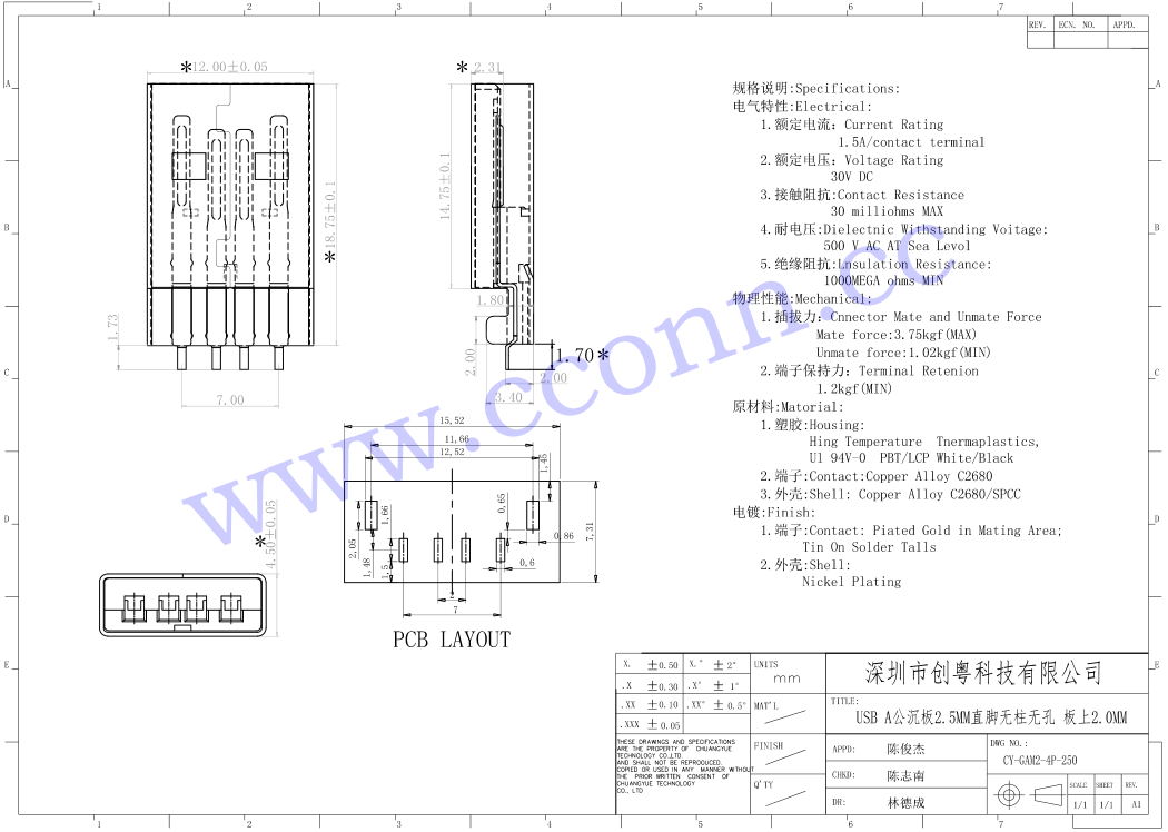 USB A公沉板2.5MM直脚无柱无孔 板上2.0MM.jpg